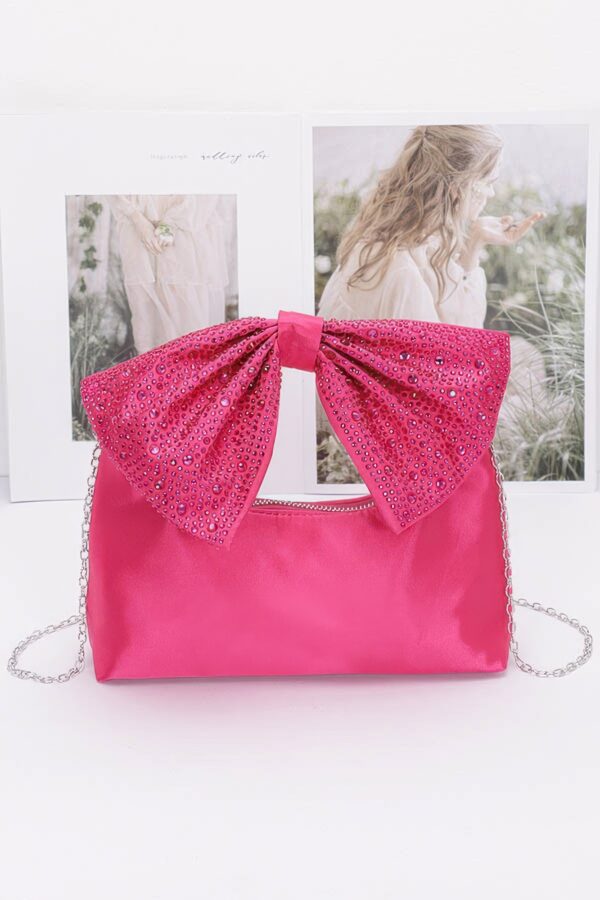 Rhinestone Bow Handle Nylon Clutch – Satin Finish