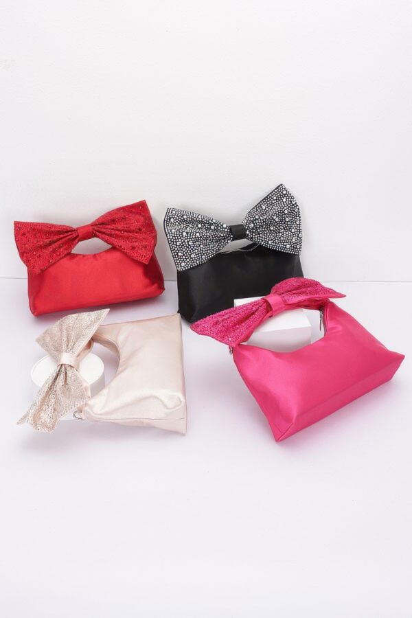 Rhinestone Bow Handle Nylon Clutch – Satin Finish