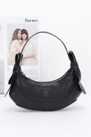 Faux Leather Hobo Bag with Bow Accent, Mixed Metal