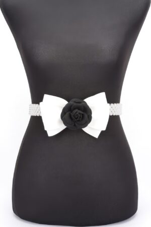 Faux Pearl Stretch Belt with Flower Ribbon