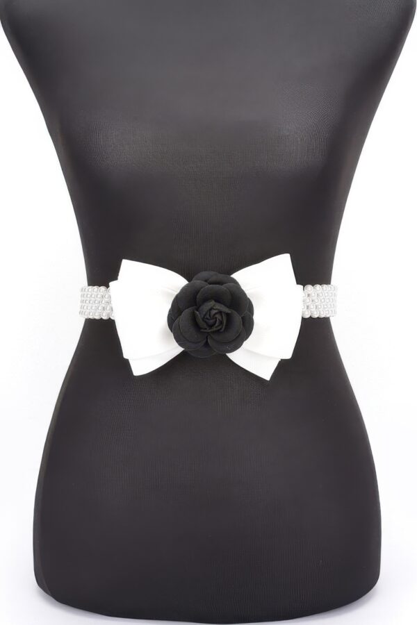 Faux Pearl Stretch Belt with Flower Ribbon