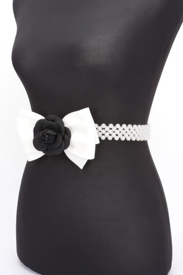 Faux Pearl Stretch Belt with Flower Ribbon