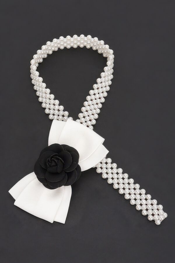 Faux Pearl Stretch Belt with Flower Ribbon