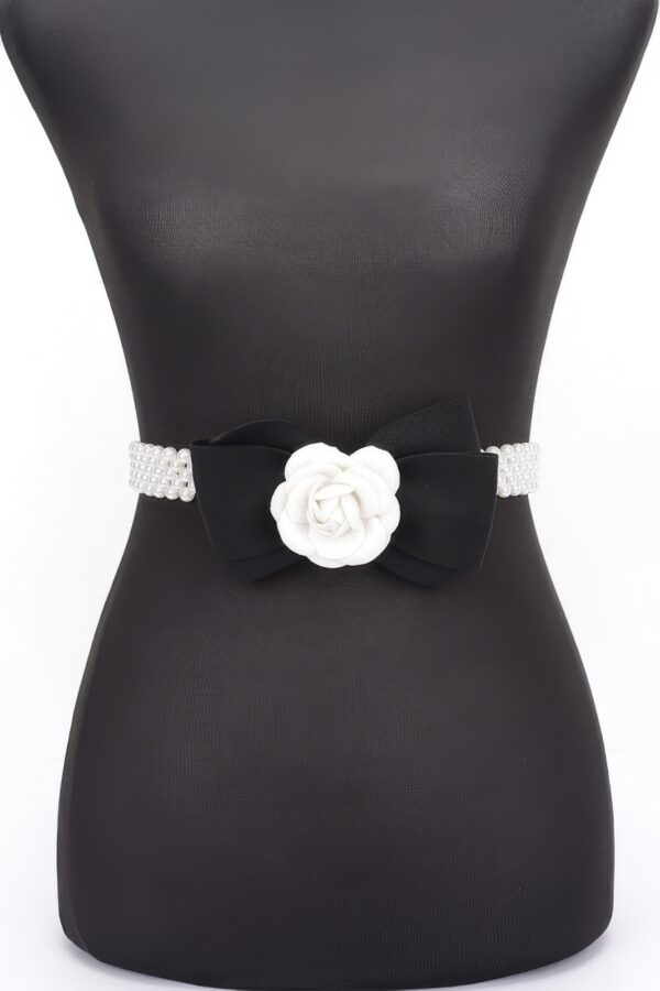 Faux Pearl Stretch Belt with Flower Ribbon