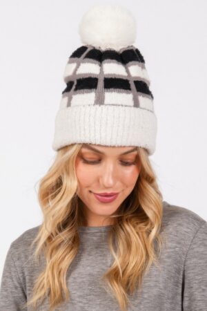 Color-Blocked Pom Pom Beanie – Plush Polyester Knit