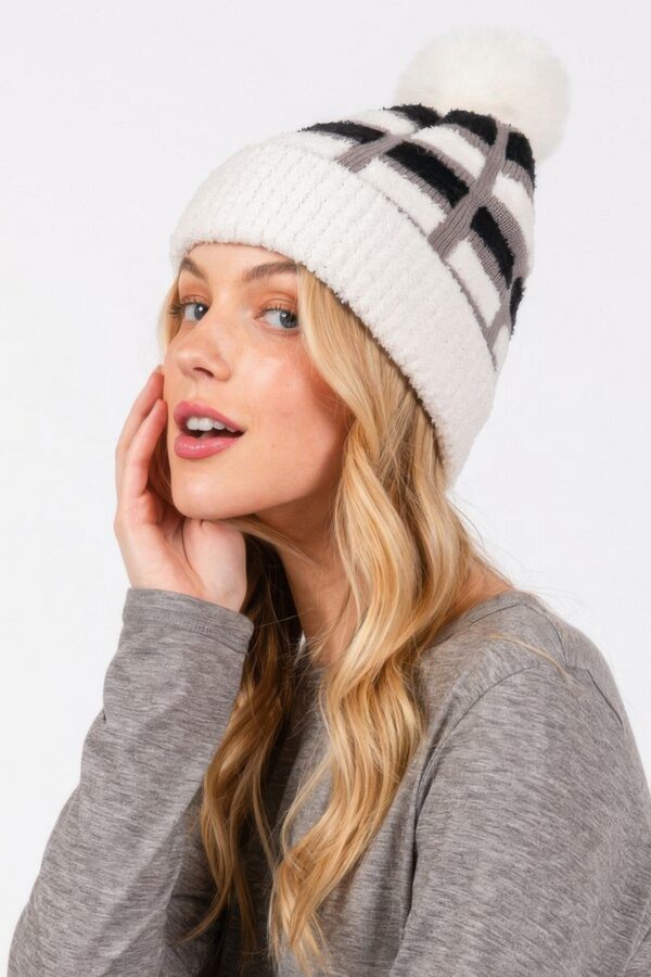 Color-Blocked Pom Pom Beanie – Plush Polyester Knit