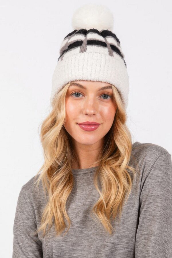 Color-Blocked Pom Pom Beanie – Plush Polyester Knit
