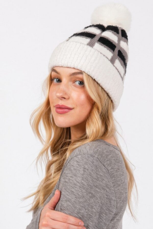 Color-Blocked Pom Pom Beanie – Plush Polyester Knit