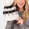 Color-Blocked Pom Pom Beanie – Plush Polyester Knit