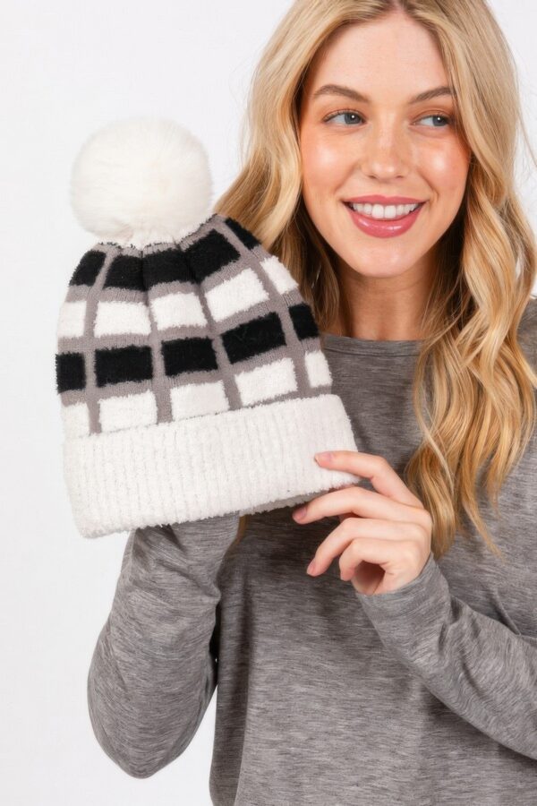 Color-Blocked Pom Pom Beanie – Plush Polyester Knit