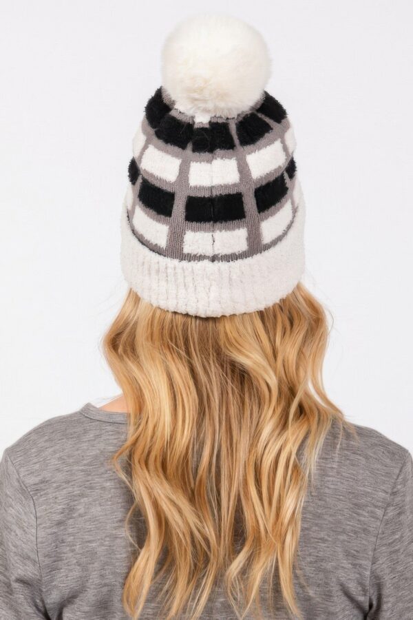 Color-Blocked Pom Pom Beanie – Plush Polyester Knit