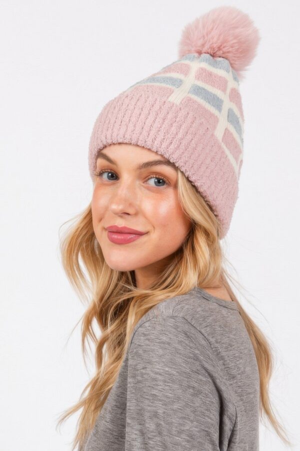 Color-Blocked Pom Pom Beanie – Plush Polyester Knit