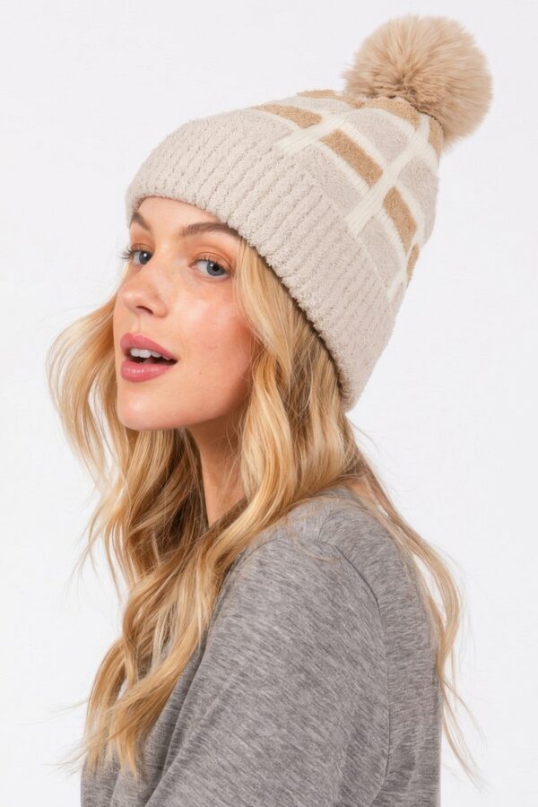 Color-Blocked Pom Pom Beanie – Plush Polyester Knit