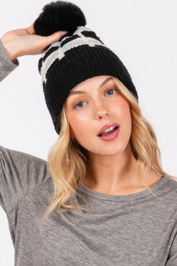 Color-Blocked Pom Pom Beanie – Plush Polyester Knit