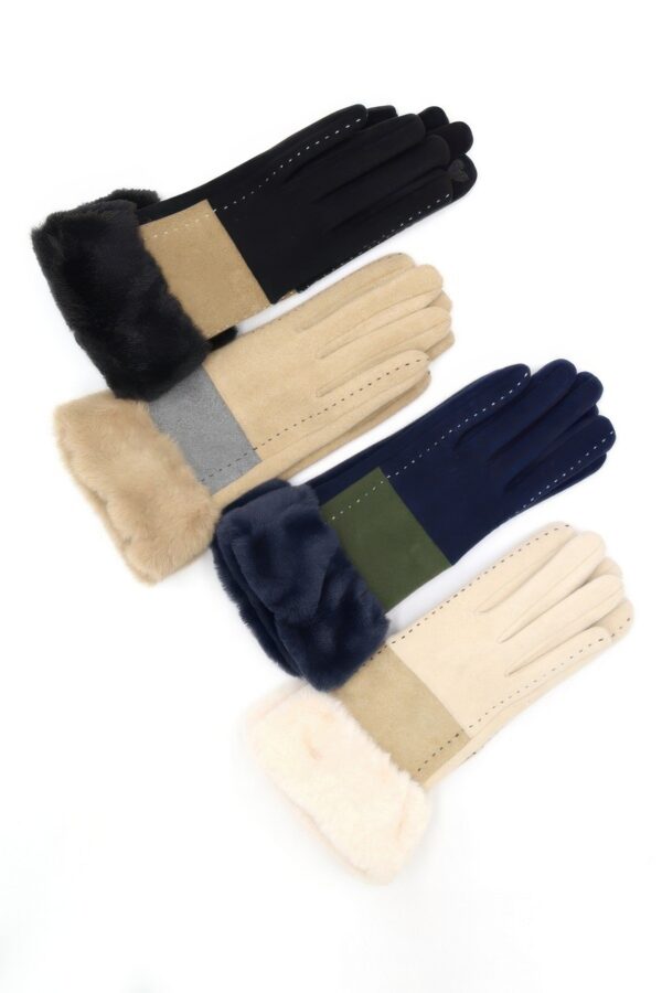 Two-Tone Stitch Faux-Fur Cuff Smart-Touch Gloves