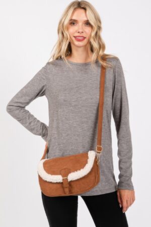 Faux Fur-Trim Crossbody Bag with Adjustable Strap