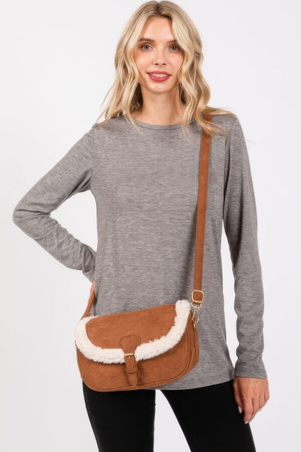 Faux Fur-Trim Crossbody Bag with Adjustable Strap