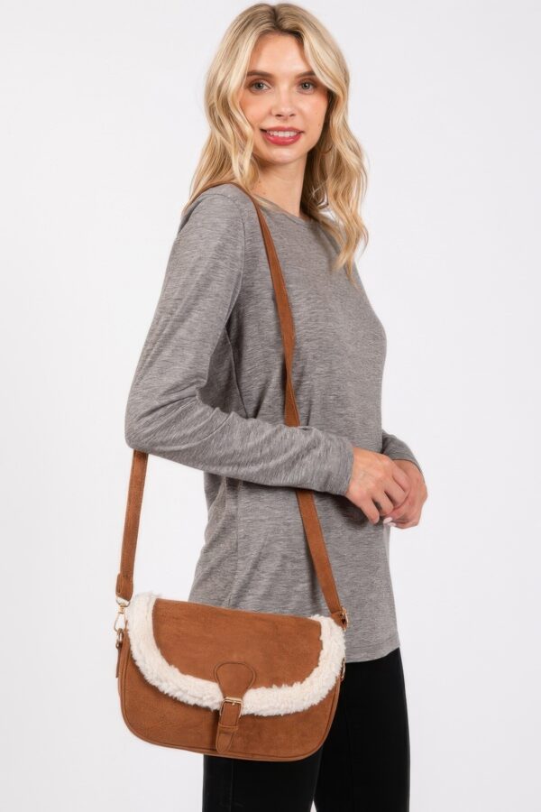 Faux Fur-Trim Crossbody Bag with Adjustable Strap