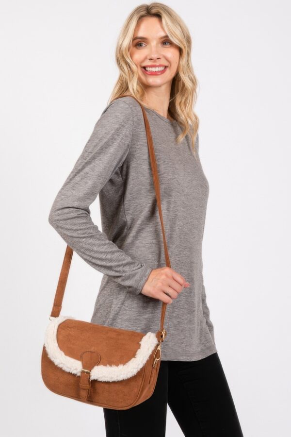 Faux Fur-Trim Crossbody Bag with Adjustable Strap