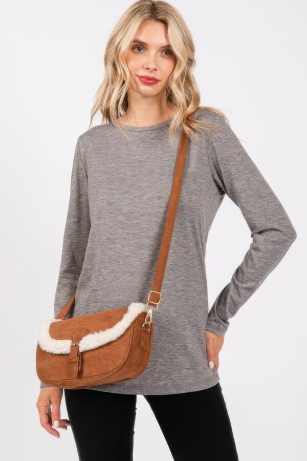 Faux Fur-Trim Crossbody Bag with Adjustable Strap