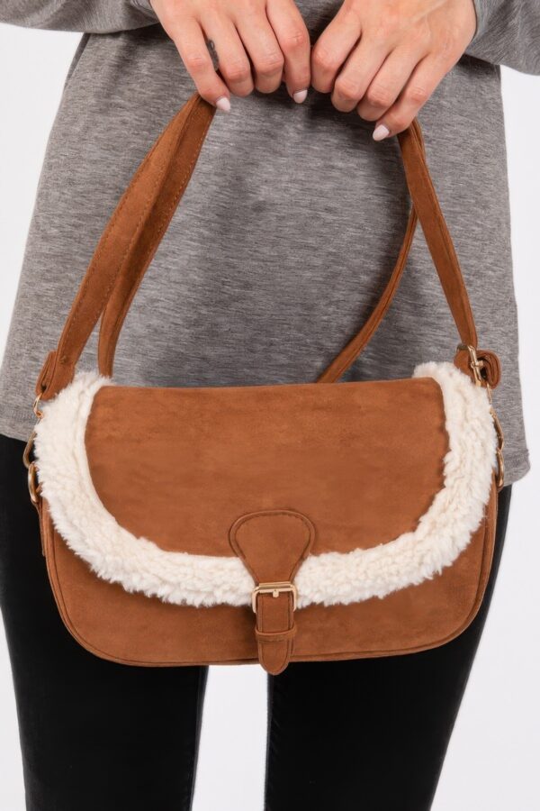 Faux Fur-Trim Crossbody Bag with Adjustable Strap