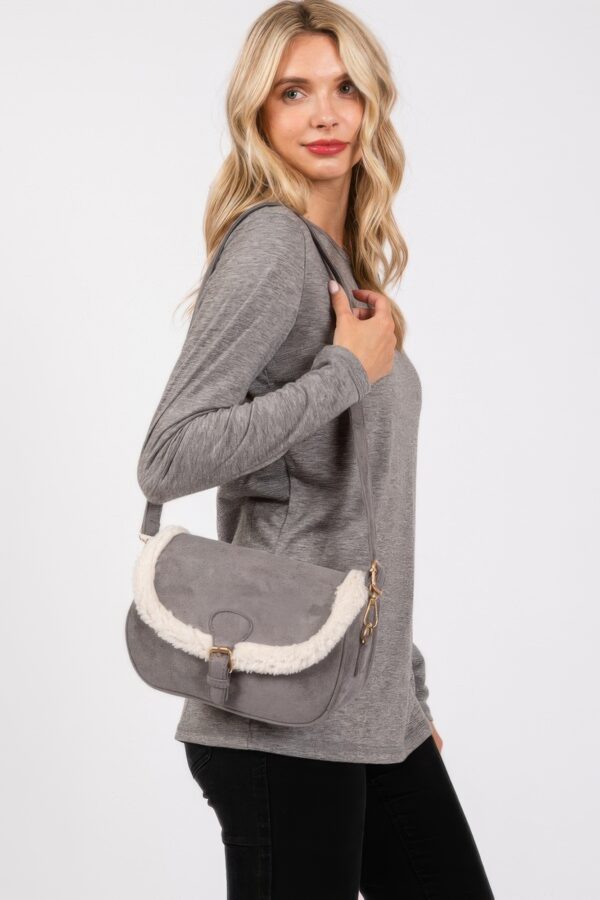 Faux Fur-Trim Crossbody Bag with Adjustable Strap