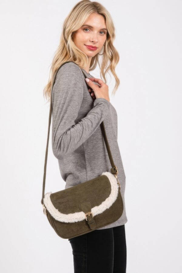 Faux Fur-Trim Crossbody Bag with Adjustable Strap