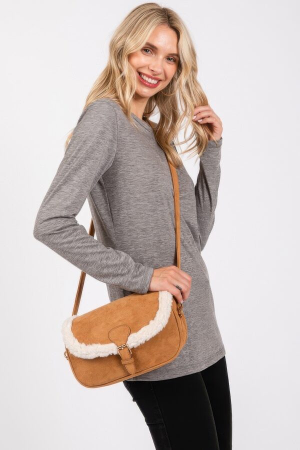 Faux Fur-Trim Crossbody Bag with Adjustable Strap