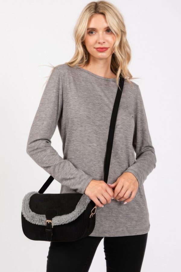 Faux Fur-Trim Crossbody Bag with Adjustable Strap