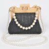 Faux Straw Clutch with Wood Frame & Pearl Chain