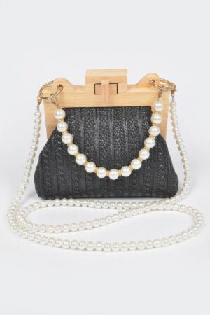 Faux Straw Clutch with Wood Frame & Pearl Chain