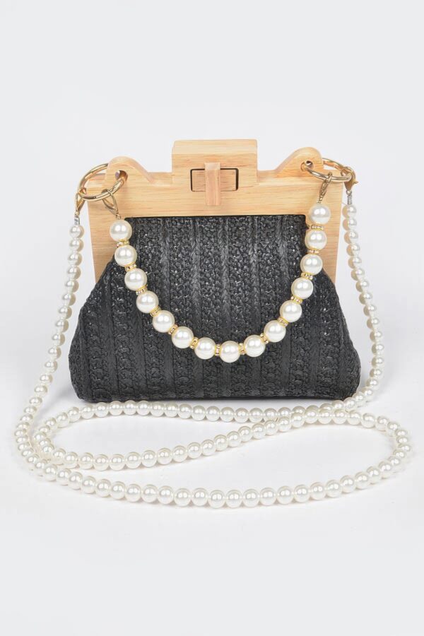 Faux Straw Clutch with Wood Frame & Pearl Chain