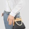 Faux Straw Clutch with Wood Frame & Pearl Chain