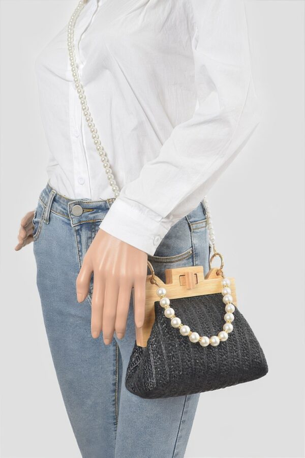 Faux Straw Clutch with Wood Frame & Pearl Chain