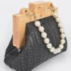 Faux Straw Clutch with Wood Frame & Pearl Chain
