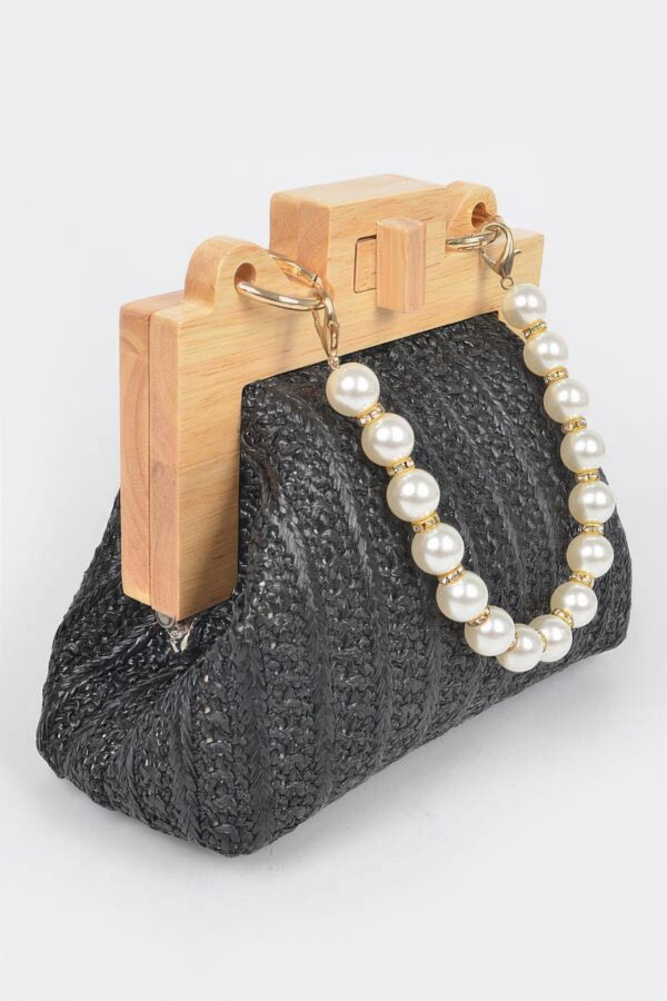 Faux Straw Clutch with Wood Frame & Pearl Chain
