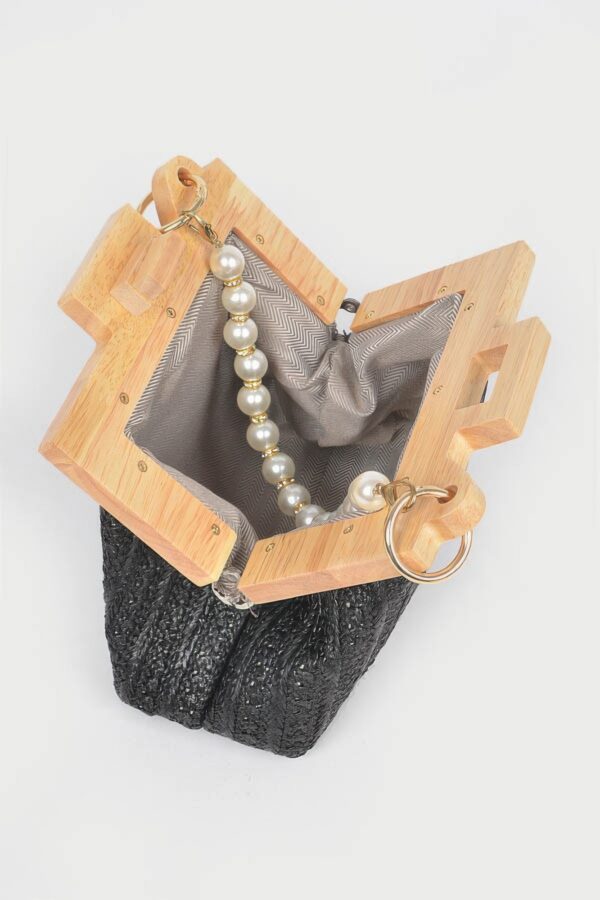 Faux Straw Clutch with Wood Frame & Pearl Chain