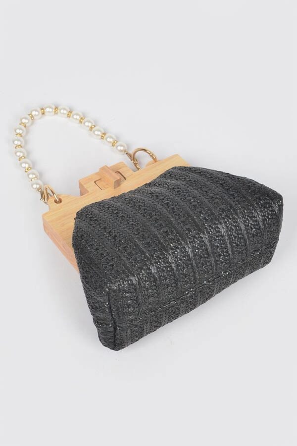 Faux Straw Clutch with Wood Frame & Pearl Chain
