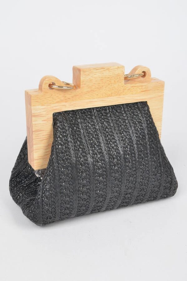 Faux Straw Clutch with Wood Frame & Pearl Chain