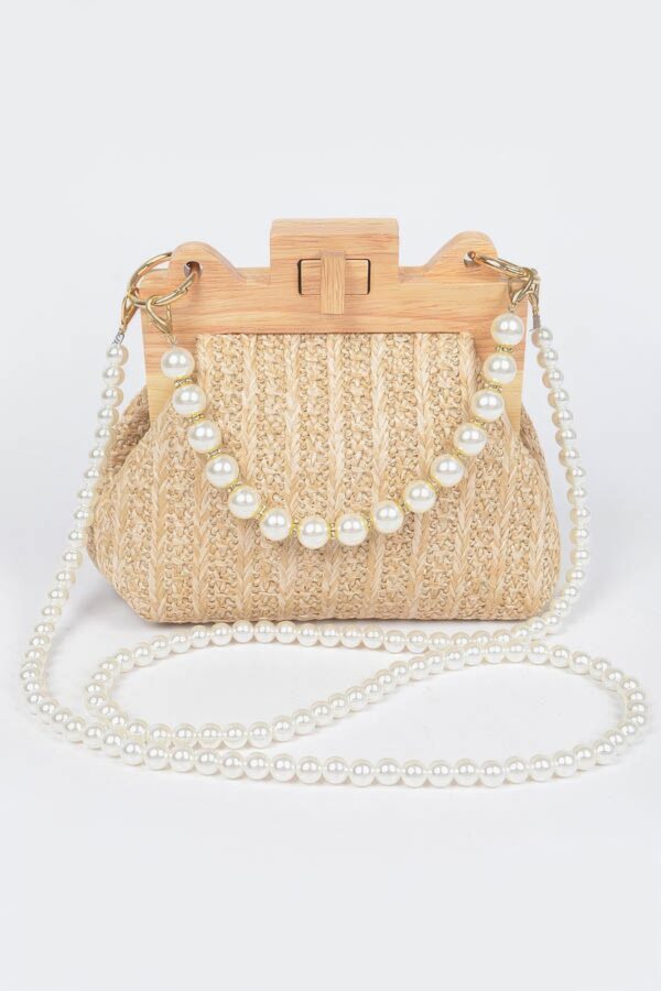 Faux Straw Clutch with Wood Frame & Pearl Chain