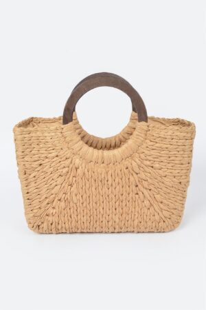 Straw Tote Bag with Round Wooden Handles