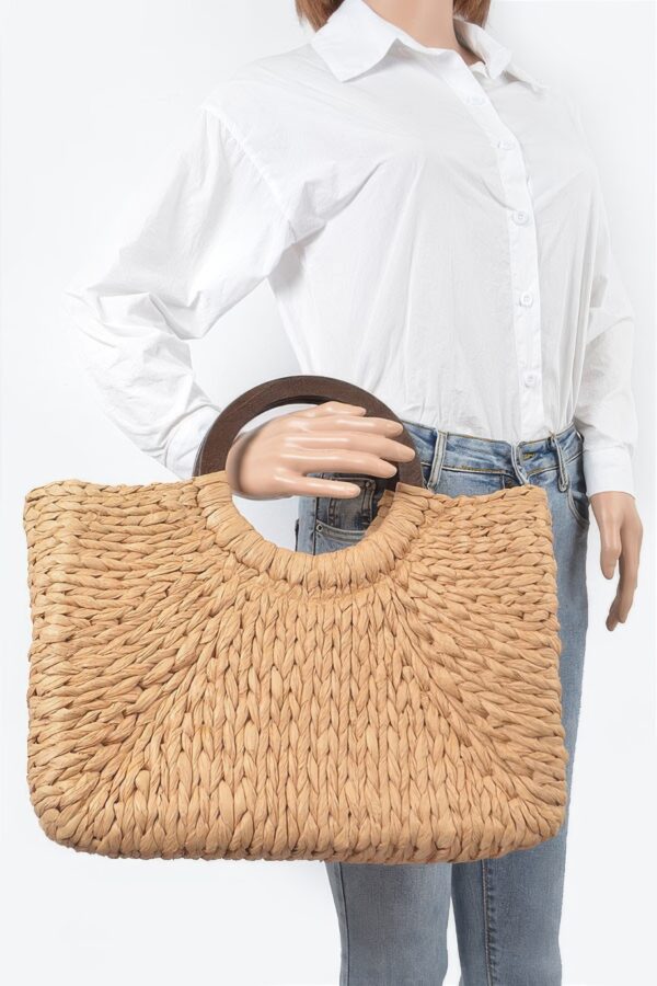 Straw Tote Bag with Round Wooden Handles