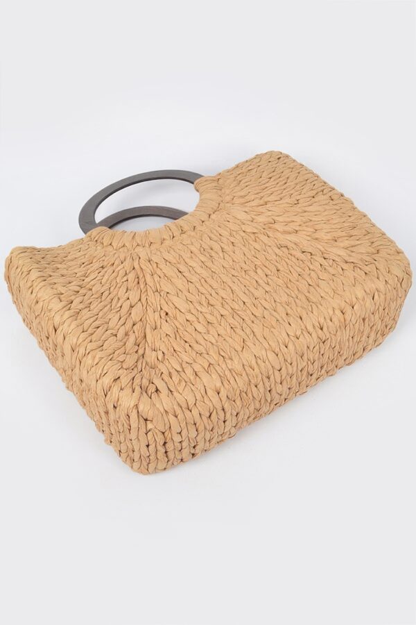 Straw Tote Bag with Round Wooden Handles