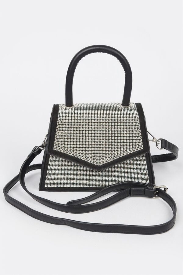 Rhinestone Top-Handle Crossbody Bag with Silver Trim