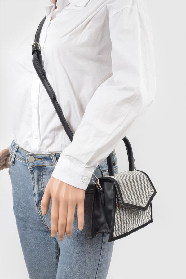 Rhinestone Top-Handle Crossbody Bag with Silver Trim