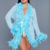 Sheer Feather-Trim Short Robe with Satin Ribbon