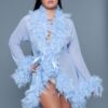 Sheer Feather-Trim Short Robe with Satin Ribbon