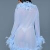 Sheer Feather-Trim Short Robe with Satin Ribbon