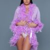 Sheer Feather-Trim Short Robe with Satin Ribbon