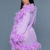 Sheer Feather-Trim Short Robe with Satin Ribbon